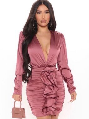 Fashion Nova Mauve Satin Deep-V Ruffle Ruched Mini Dress